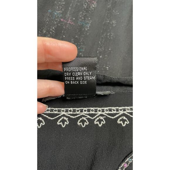 Silkland 100% Silk Black L Embroidered Beaded Sequined Blouse Sheer Rainbow - Picture 11 of 15